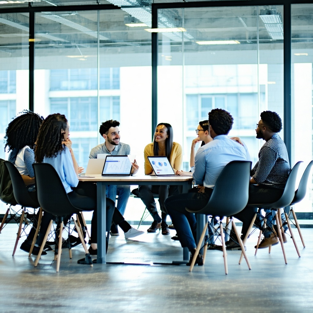A team of diverse professionals is sitting in a conference room discussing business plans