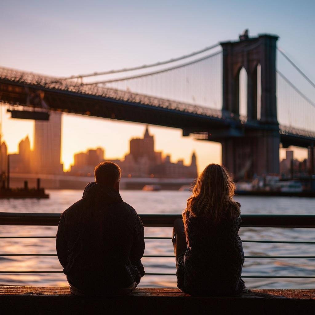 a couple sitting at the south street seaport in new york city, watching the sunrise, and you can see the brooklyn bridge in the background