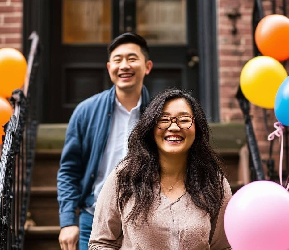 a happy couple descending down the stairs of a brooklyn brownstone coming from an open house-1