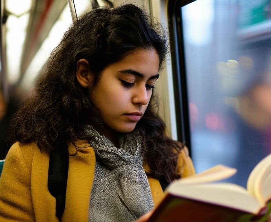 a young hispanic woman reading a book riding a NYC MTA subway-1