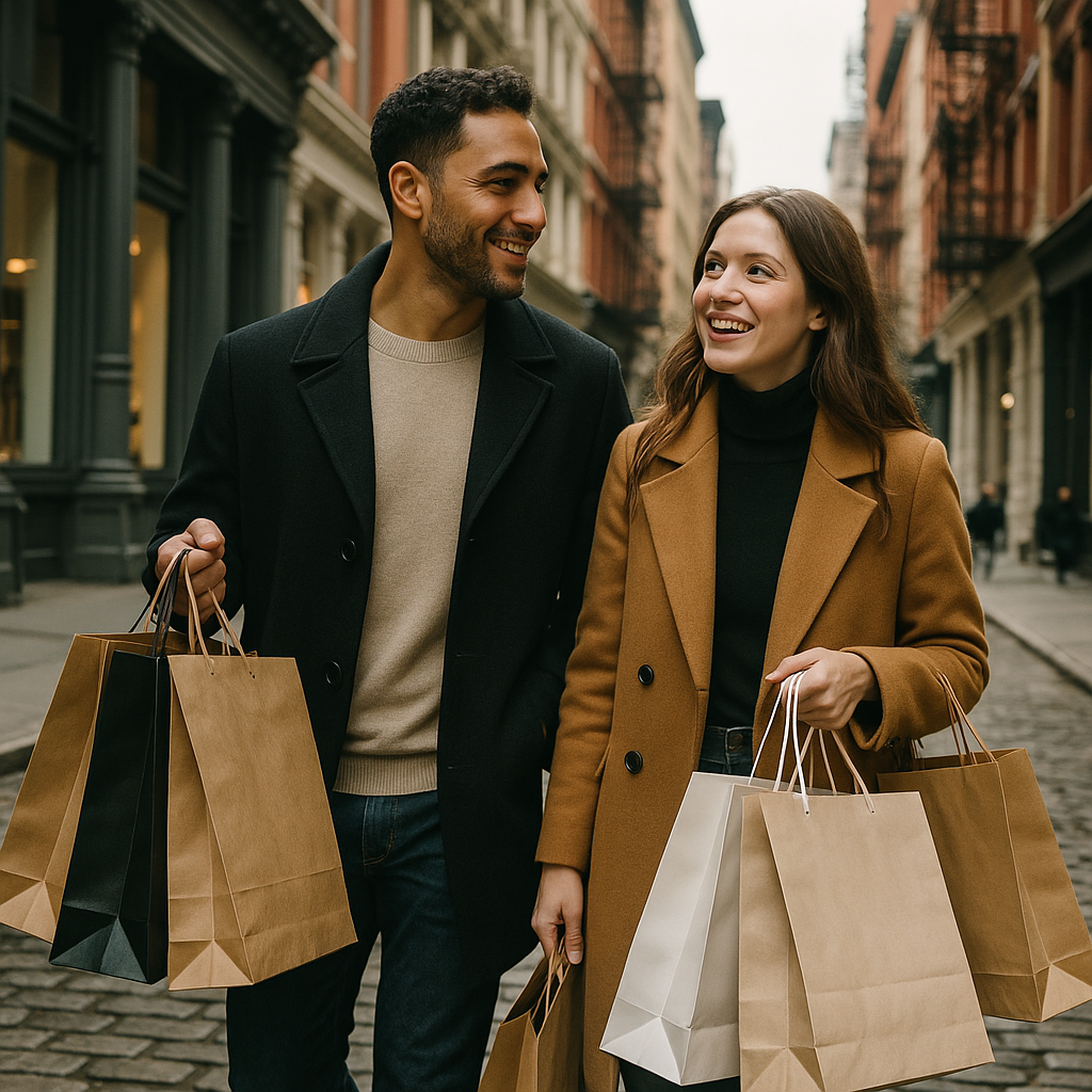 cinematic a couple shopping in soho with bags-1