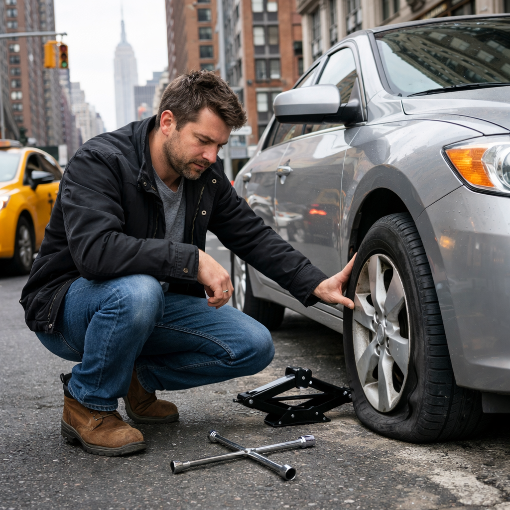 photographic a person in nyc with a flat tire on parked on the side of the road-1