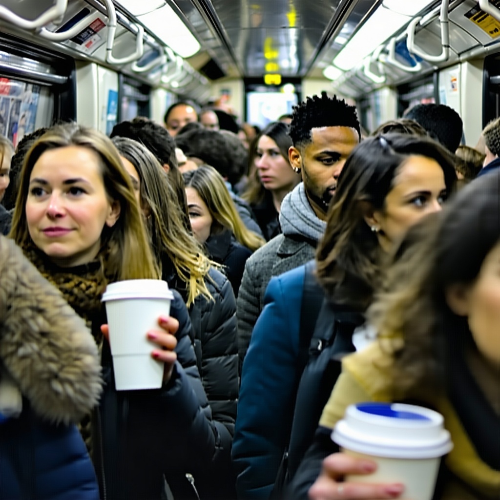 please provide me an image of a crowded nyc train with a diverse group of people on the way to work Some people have coffee cups in their hands
