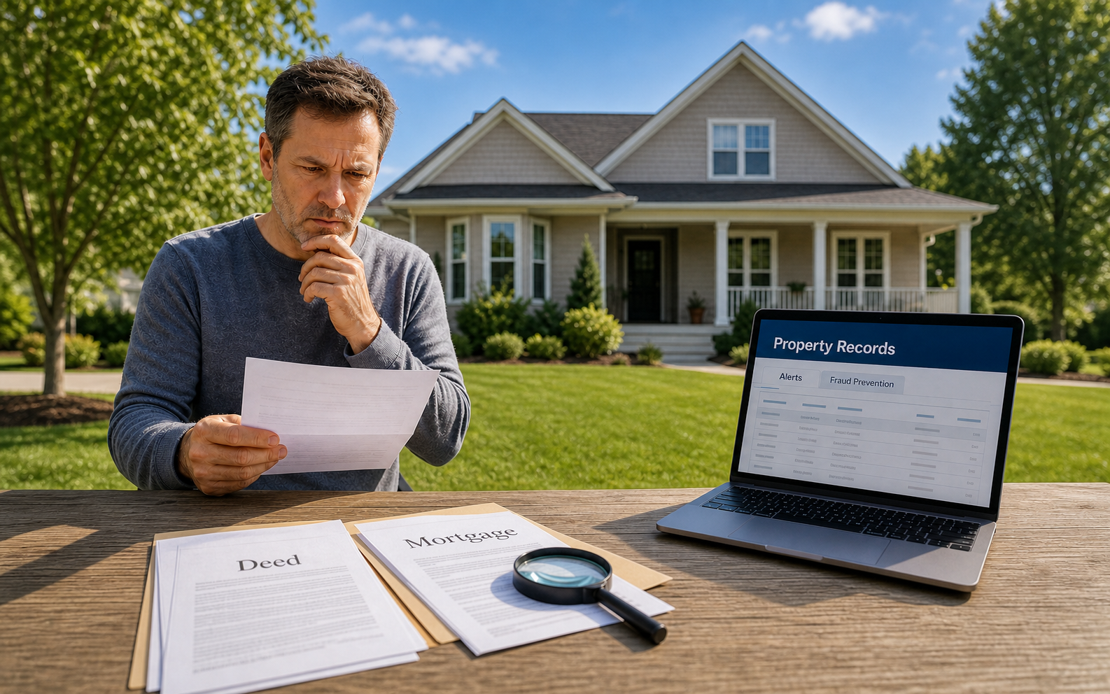 A worried homeowner looking at mortgage paperwork concerned fraud has occurred. A home is in the background.